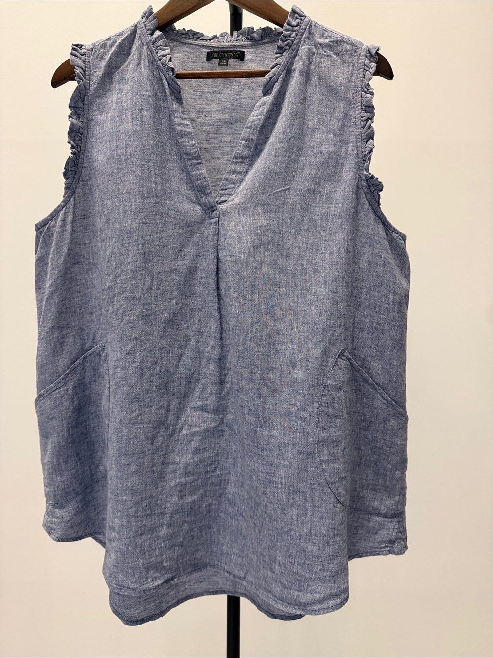 For Cynthia Blue Linen Blend Sleeveless Ruffle V-Neck Blouse Tank Top Size XL